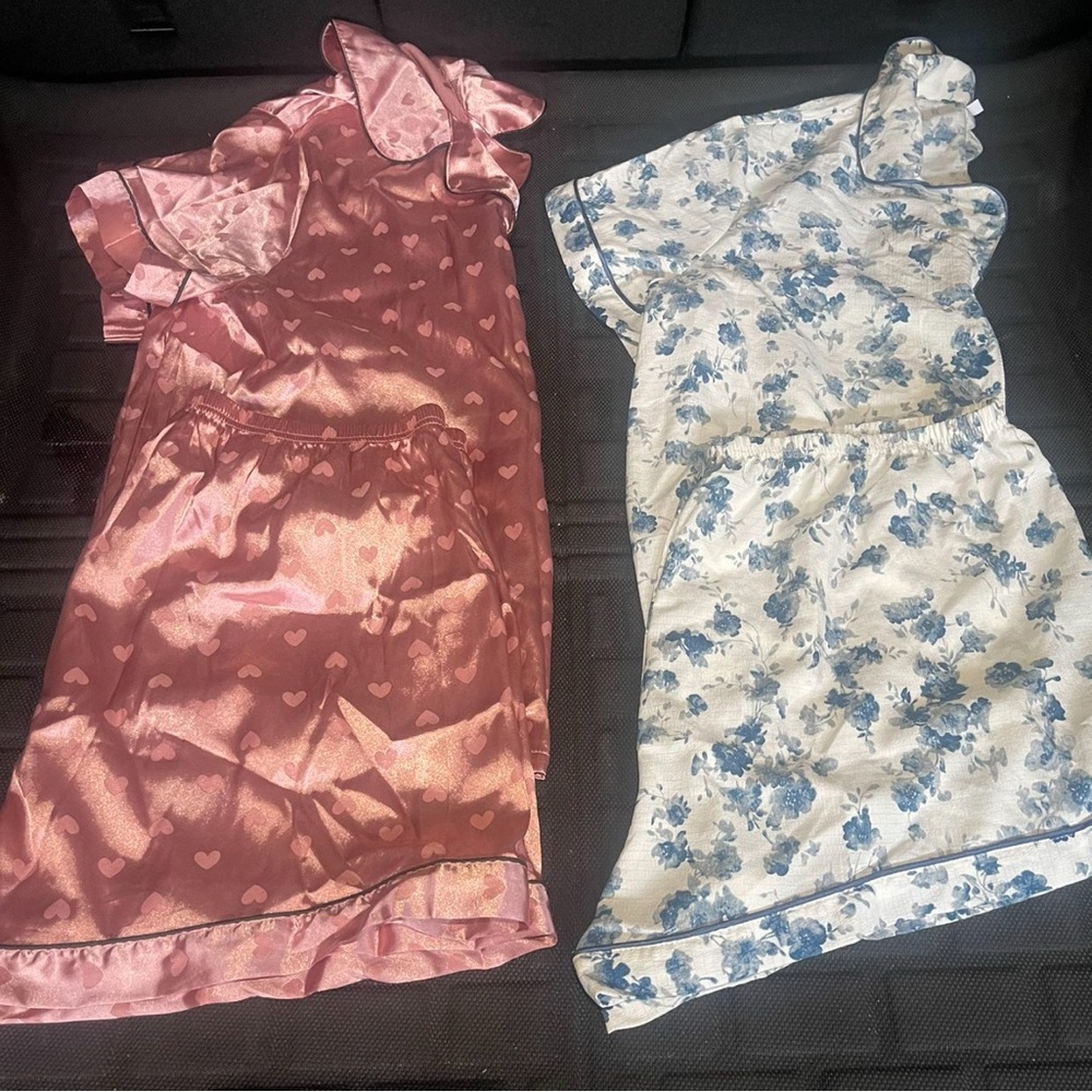 2 Silk Pink Hearts and Floral Pajama Sets